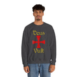 Unisex Deus Vult Crewneck Sweatshirt Medieval Crusader Cross Heavy Blend Fleece Pullover Warrior Knight Inspired Vintage Christian Symbol Streetwear