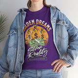 Golden Dreams Silver Reality Money Graphic Unisex Heavy Cotton Tee Bold Hustler Cash Bag Dollar Streetwear Motivational T Shirt