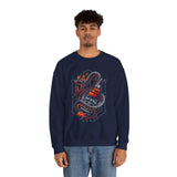 Inferno Spirit Fiery Dragon Whiskey Bottle Unisex Heavy Blend Crewneck Sweatshirt Bold Artistic Streetwear Tattoo Flame Design Symbol of Power Energy and Rebellion for Bikers and Creators