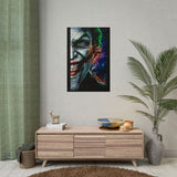 Joker Split Insanity Glossy Poster Bold Gothic Wall Art Dark Psychological Design Fiery Abstract Expression Print for Collectors, Creators, and Visionary Spaces