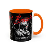 Brave Soul Warrior Accent Coffee Mug 11oz 15oz Black Ceramic Two Tone Cup Bold Statue Design with Red Script Gift for Coffee Lovers