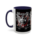 Money Bright Angel Accent Coffee Mug 11oz 15oz Gothic Statue Black Ceramic Cup with Red Flames and Cash Design for Hustlers