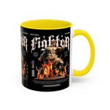 Fighter Accent Coffee Mug 11oz 15oz Black Ceramic Cup with Greek Warrior Statue and Flames Design for Hustlers and Motivated Minds