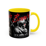 Brave Soul Warrior Accent Coffee Mug 11oz 15oz Black Ceramic Two Tone Cup Bold Statue Design with Red Script Gift for Coffee Lovers