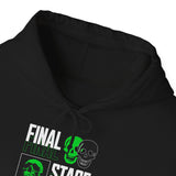 Final Stage Unisex Heavy Blend Hooded Sweatshirt Graphic Hoodie Black Skull Neon Green Streetwear Futuristic Cyberpunk Bold Artistic Fashion Outfit