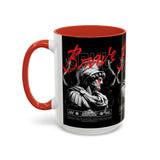 Brave Soul Warrior Accent Coffee Mug 11oz 15oz Black Ceramic Two Tone Cup Bold Statue Design with Red Script Gift for Coffee Lovers