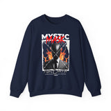Mystic Mask Flames Graphic Unisex Heavy Blend Crewneck Sweatshirt Hustler Streetwear Motivational Dark Mystery Bold Fire Design