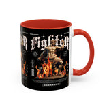 Fighter Accent Coffee Mug 11oz 15oz Black Ceramic Cup with Greek Warrior Statue and Flames Design for Hustlers and Motivated Minds