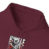 Unisex Heavy Blend Hooded Sweatshirt Humble Angel Statue Graphic Hoodie Streetwear Fire Print Bold Motivational Urban Fashion Outfit