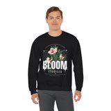 Bloom Stronger Floral Graphic Crewneck Comfortable Unisex Sweatshirt Motivational Streetwear Inspirational Empowerment Design for Self Growth Resilience Perfect Gift for Friends Birthdays Cozy Days Casual Wear