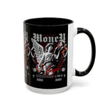 Money Bright Accent Coffee Mug 11oz 15oz Black Ceramic Gothic Angel Statue Design with Red Neon Artwork for Hustlers and Bold Thinkers