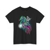 Seahorse Knight Neon Warrior Unisex Heavy Cotton Tee Futuristic Cyberpunk Fantasy Streetwear T Shirt Vibrant Medieval Armor Design Perfect For Gamers Dreamers And Art Lovers