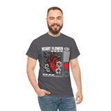 Heart Flower Graphic Unisex Heavy Cotton Tee Comfortable Streetwear T Shirt Bold Red and Black Floral Heart Design Symbol of Love Strength and Vitality Perfect Gift for Friends Birthdays and Casual Everyday Wear