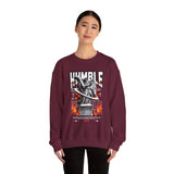 Humble Angel Statue Unisex Heavy Blend Crewneck Sweatshirt Graphic Pullover Streetwear Fire Print Bold Motivational Urban Fashion Outfit