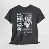Universe Beyond The Cosmos Unisex Heavy Cotton Tee Graphic Black T Shirt Skeleton Hand Space Infinity Streetwear Futuristic Sci Fi Artistic Fashion Outfit