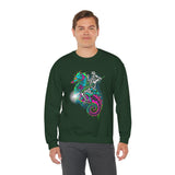 Seahorse Knight Neon Warrior Unisex Heavy Blend Crewneck Sweatshirt Vibrant Cyberpunk Fantasy Streetwear Pullover Futuristic Oceanic Armor Design For Gamers Creators Dreamers And Art Lovers