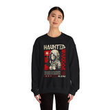 Haunted Warrior Unisex Heavy Blend Crewneck Sweatshirt Graphic Pullover Black Samurai Ninja Fighter Bold Red Streetwear Futuristic Artistic Fashion Outfit