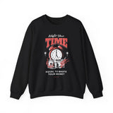 Waste Your Time Unisex Heavy Blend Crewneck Sweatshirt Graphic Pullover Black Motivational Hustle Money Clock Streetwear Bold Entrepreneur Mindset Fashion Outfit