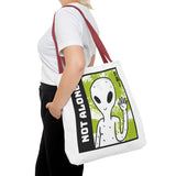 Not Alone Alien Tote Bag Sci Fi Extraterrestrial UFO Design Canvas Bag Space Lover Reusable Eco Friendly Durable Shopping Travel Lifestyle Tote