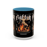 Fighter Accent Coffee Mug 11oz 15oz Black Ceramic Cup with Greek Warrior Statue and Flames Design for Hustlers and Motivated Minds