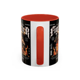 Fighter Accent Coffee Mug 11oz 15oz Black Ceramic Cup with Greek Warrior Statue and Flames Design for Hustlers and Motivated Minds
