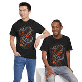 Inferno Spirit Fiery Dragon Whiskey Bottle Unisex Heavy Cotton Tee Bold Biker Streetwear Artistic Snake Flame Design Symbol of Power Energy and Rebellion Graphic Shirt