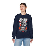 Humble Angel Statue Unisex Heavy Blend Crewneck Sweatshirt Graphic Pullover Streetwear Fire Print Bold Motivational Urban Fashion Outfit