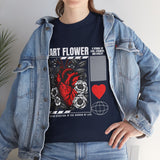 Heart Flower Graphic Unisex Heavy Cotton Tee Comfortable Streetwear T Shirt Bold Red and Black Floral Heart Design Symbol of Love Strength and Vitality Perfect Gift for Friends Birthdays and Casual Everyday Wear