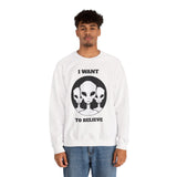 I Want To Believe Alien Unisex Crewneck Sweatshirt UFO Graphic Pullover Extraterrestrial Space Themed Sci Fi Conspiracy Inspired Paranormal Streetwear