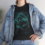 Prehistoric Thunder Unisex Heavy Cotton Tee Neon Raptor Design Electric Blue Lightning Artwork Bold Streetwear Statement For Dinosaur Lovers And Retro Art Fans