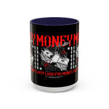 Money Ambition Accent Coffee Mug 11oz 15oz Black Ceramic Cup with Bold Red Typography and Cash Stack Design for Entrepreneurs and Hustlers