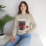 Heart Flower Graphic Unisex Heavy Blend Crewneck Sweatshirt Comfortable Streetwear Pullover Bold Red and Black Floral Heart Design Symbol of Love Strength and Vitality Perfect Gift for Friends Birthdays Cozy Days and Everyday Wear