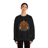 Unisex Mythical Tribal Mask Crewneck Sweatshirt Heavy Blend Pullover Cultural Warrior Spirit Inspired Festival Graphic Art Streetwear Top