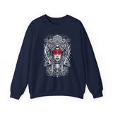 Mystic Warrior Goddess Unisex Sweatshirt Bold Monochrome Tribal Design Sacred Feminine Energy Gothic Art Streetwear Perfect for Festivals Winter Comfort and Everyday Style