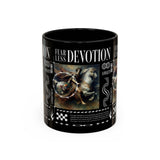 Fearless Devotion Accent Coffee Mug 11oz 15oz Black Ceramic Cup with Warrior on Horse Artwork for Courage Loyalty and Strength Lovers