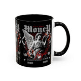 Money Bright Accent Coffee Mug 11oz 15oz Black Ceramic Gothic Angel Statue Design with Red Neon Artwork for Hustlers and Bold Thinkers