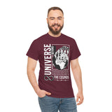 Universe Beyond The Cosmos Unisex Heavy Cotton Tee Graphic Black T Shirt Skeleton Hand Space Infinity Streetwear Futuristic Sci Fi Artistic Fashion Outfit