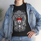 Mystic Warrior Goddess Unisex Heavy Cotton Tee Bold Monochrome Tribal Design Powerful Feminine Energy Streetwear Graphic T-Shirt for Art Lovers Festivals and Everyday Wear