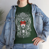 Mystic Warrior Goddess Unisex Heavy Cotton Tee Bold Monochrome Tribal Design Powerful Feminine Energy Streetwear Graphic T-Shirt for Art Lovers Festivals and Everyday Wear