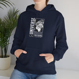 Universe Beyond The Cosmos Unisex Heavy Blend Hooded Sweatshirt Graphic Hoodie Black Skeleton Hand Space Infinity Streetwear Futuristic Sci Fi Artistic Fashion Outfit