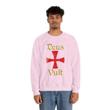 Unisex Deus Vult Crewneck Sweatshirt Medieval Crusader Cross Heavy Blend Fleece Pullover Warrior Knight Inspired Vintage Christian Symbol Streetwear