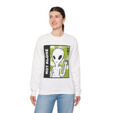 Unisex Not Alone Alien Crewneck Sweatshirt UFO Cartoon Graphic Pullover Extraterrestrial Sci Fi Space Themed Conspiracy Inspired Paranormal Streetwear