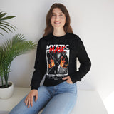 Mystic Mask Flames Graphic Unisex Heavy Blend Crewneck Sweatshirt Hustler Streetwear Motivational Dark Mystery Bold Fire Design