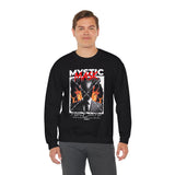 Mystic Mask Flames Graphic Unisex Heavy Blend Crewneck Sweatshirt Hustler Streetwear Motivational Dark Mystery Bold Fire Design