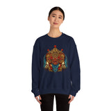 Mythical Tribal Mask Unisex Crewneck Sweatshirt Heavy Blend Pullover Cultural Warrior Spirit Inspired Festival Graphic Art Streetwear Top