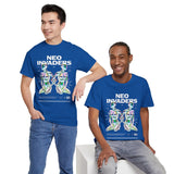 Neo Invaders Futuristic Holographic Graphic Unisex Heavy Cotton Tee Bold Sci Fi Cyberpunk Streetwear Statement T Shirt
