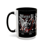 Money Bright Angel Accent Coffee Mug 11oz 15oz Gothic Statue Black Ceramic Cup with Red Flames and Cash Design for Hustlers