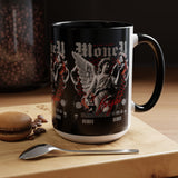 Money Bright Accent Coffee Mug 11oz 15oz Black Ceramic Gothic Angel Statue Design with Red Neon Artwork for Hustlers and Bold Thinkers