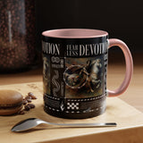 Fearless Devotion Accent Coffee Mug 11oz 15oz Black Ceramic Cup with Warrior on Horse Artwork for Courage Loyalty and Strength Lovers