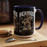 Hermes Accent Coffee Mug 11oz 15oz Black Ceramic Mythology Cup with Greek God Winged Statue Design for History Lovers and Art Enthusiasts